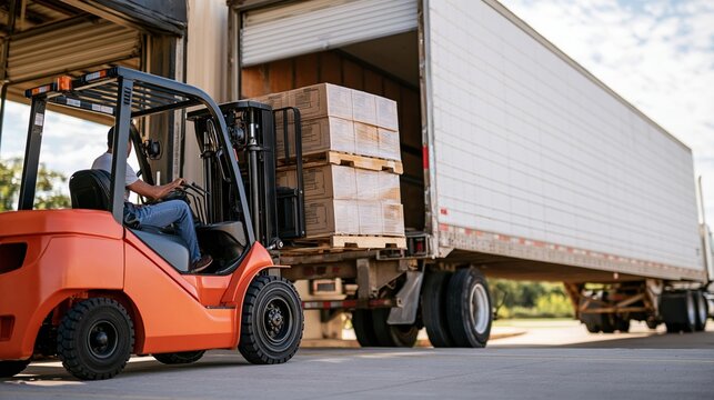 Orange forklift loads cardboard boxes onto white semi