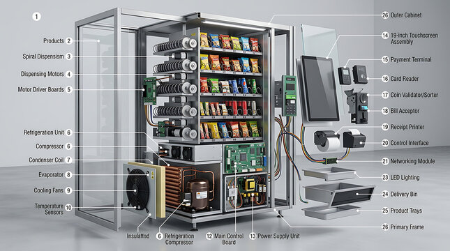 Technical diagram of a smart vending machine with internal components exposed