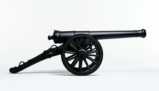 black antique cannon on wheels isolated white background
