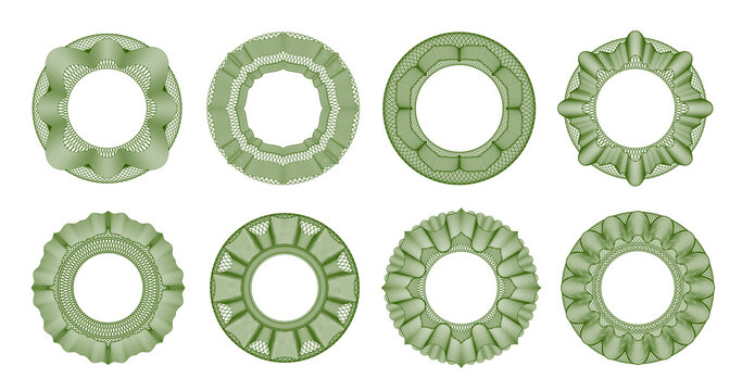 Round money guilloche frames and watermarks, banknote ornament borders. Vector circular security pattern with engraved linework, ornamental rosette, certificate seal and decorative financial elements