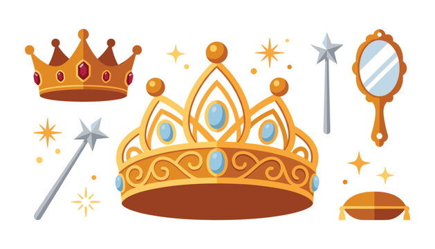 Princess royal tiara vector icon set with gold king crown magic wand star sparkles hand mirror and royal pillow elements for fairy tale design.
