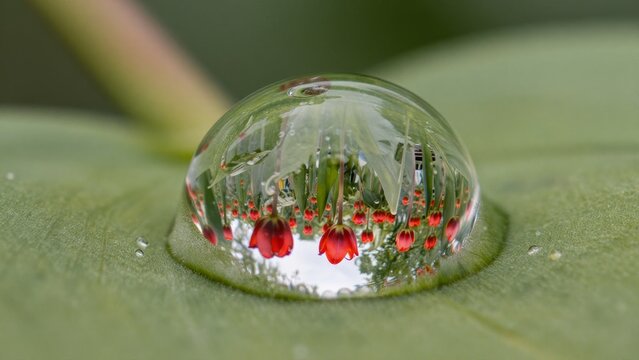 Water Droplet on Leaf Capturing Reflections of Vibrant Red Flowers