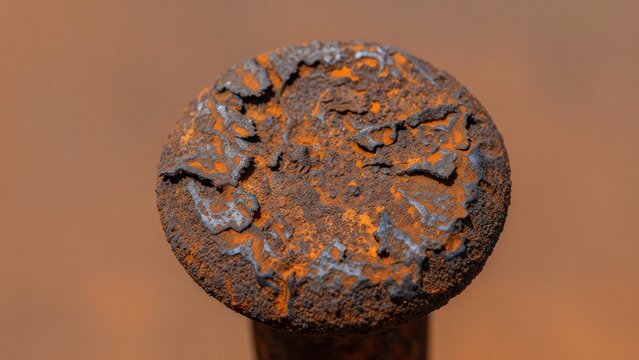 Close-Up View of Rusty Nail with Unique Texture and Weathered Surface