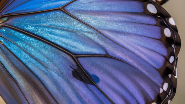Close-Up of Vibrant Blue Butterfly Wing Showing Intricate Patterns