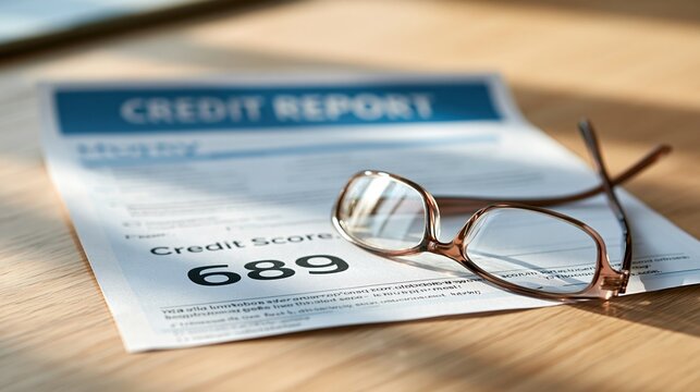Credit report document with score and eyeglasses on