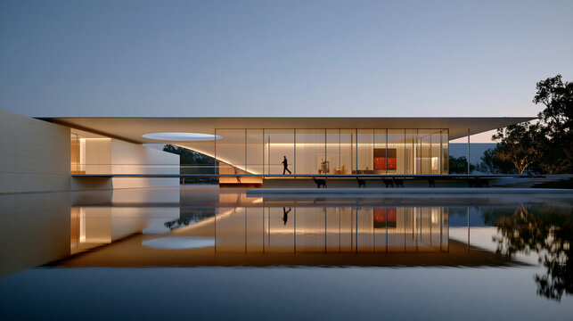 Minimalist glass house at dusk with warm interior glow and perfect water reflection. High quality photo