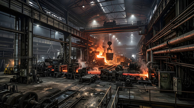 Heavy industrial manufacturing plant producing glowing molten metal inside a large dark foundry workshop featuring massive machinery and crane equipment during active heavy metallurgical