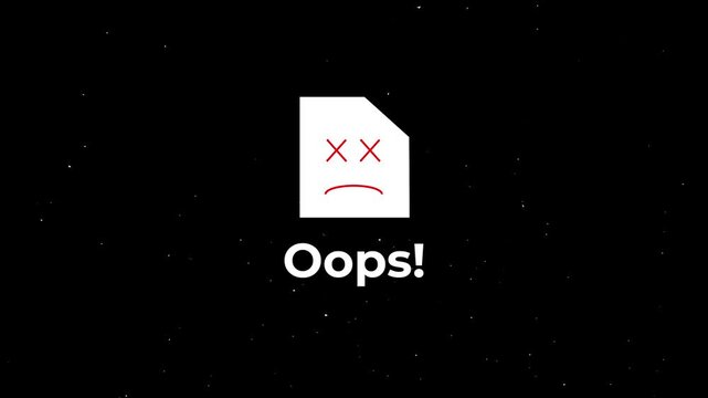 error animation: broken screen element with sad red face and oops text.