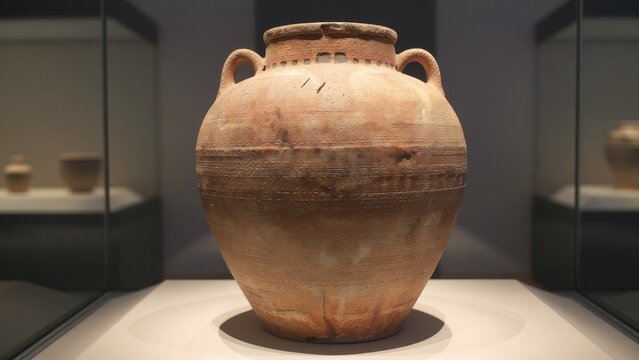 Ancient Clay Pot with Distinctive Design in Museum Display Case