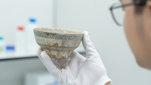 Conservation Expert Examining A Fragmented Ancient Ceramic Bowl