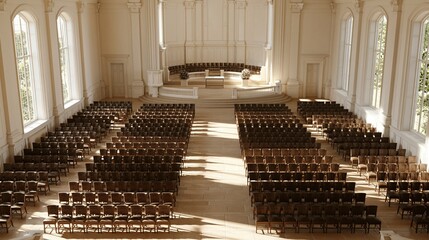 Obraz premium Sunlit empty church hall with rows of wooden