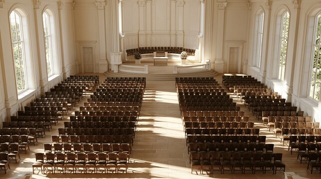 Sunlit empty church hall with rows of wooden