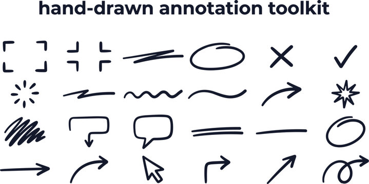 Hand drawn black ink annotation and arrow toolkit set