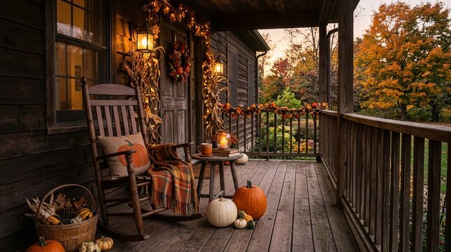 Cozy Rustic Wooden Porch Decorated for Halloween at Dusk