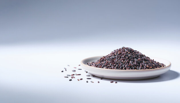A small pile of organic raw black rice served on a simple white plate against a minimalist light blue studio background for healthy food concepts