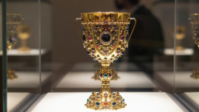Ornate Golden Cup with Colorful Gems Displayed in Museum Exhibit
