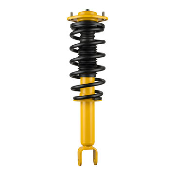 Yellow automotive shock absorber coil spring assembly on transparent background