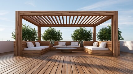 Obraz premium Modern wooden pergola lounge with seating and greenery