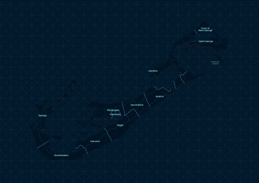 Futuristic digital map of Bermuda with glowing city lights