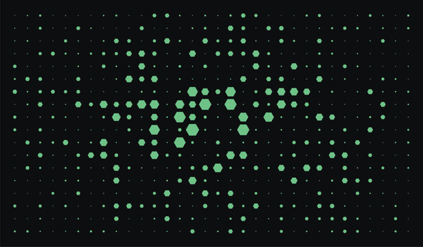 Abstract green hexagon pattern background. Mint geometric shapes in various sizes on dark backdrop. Modern vector illustration for technology data science and digital network concepts