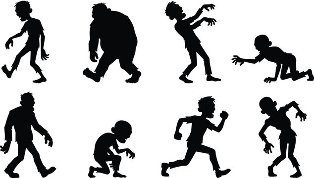 Halloween zombie silhouette collection featuring scary walking dead figures, crawling monsters, running undead, and spooky horror characters
