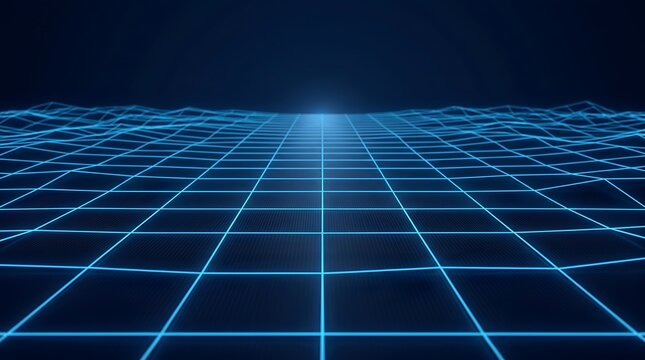 Blue wireframe grid landscape in digital cyberspace virtual reality background