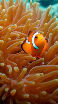 Orange clownfish with white stripes nestled among vibrant orange sea anemone tentacles underwater