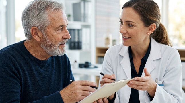 Doctor consulting with elderly male patient about medical chart in clinic