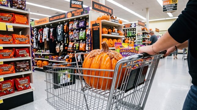 A person pushes a shopping cart with pumpkins in a store aisle decorated with Halloween candy and seasonal items.
