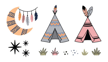 Boho Tribal Vector Element Set with Teepee Tents Crescent Moon Feathers and Stars for Kids Nursery Decor Clip Art © Ridoy