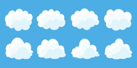 Fototapeta premium set of vector illustrations of clumpy clouds, cloud bubbles in flat style on a blue background