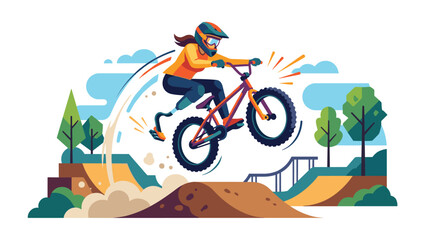 Fototapeta premium Vector illustration of an adaptive female BMX rider with a prosthetic leg performing a jump on a dirt track at a skatepark, wearing a helmet and goggles for safety.