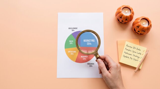 A hand holds a magnifying glass over a colorful marketing pie chart, surrounded by Halloween-themed candles and a sticky note with a to-do list.