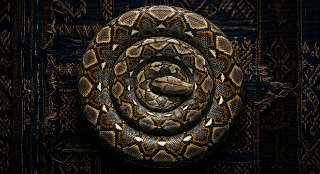 Top view of reticulated python coiled in a perfect spiral on intricate woven carpet