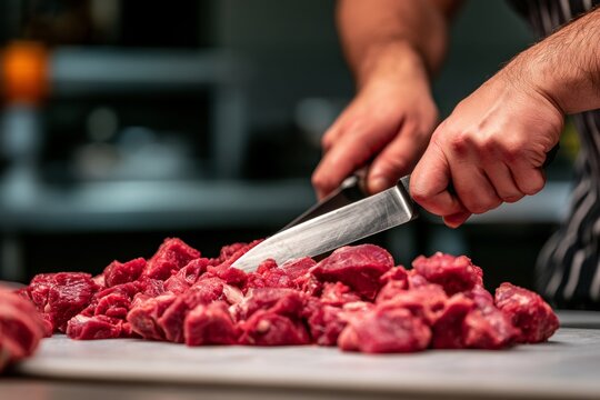 Chef Cutting Raw Beef into Cubes on a Cutting Board
