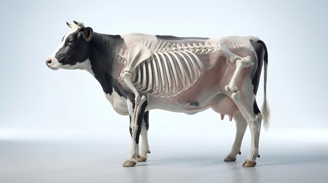 Cow skeleton anatomical model 3D rendering showing internal bone structure and organs