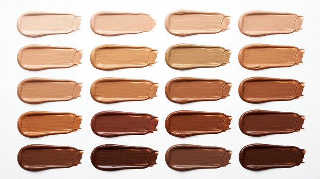 Set of liquid foundation cream smudges isolated on white background, cosmetic concealer swatches with diverse skin tone shades, makeup texture palette for beauty design