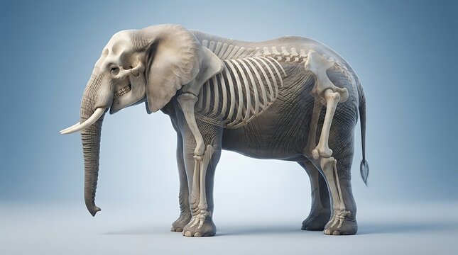 Elephant anatomy 3D illustration showing skeletal system and bones