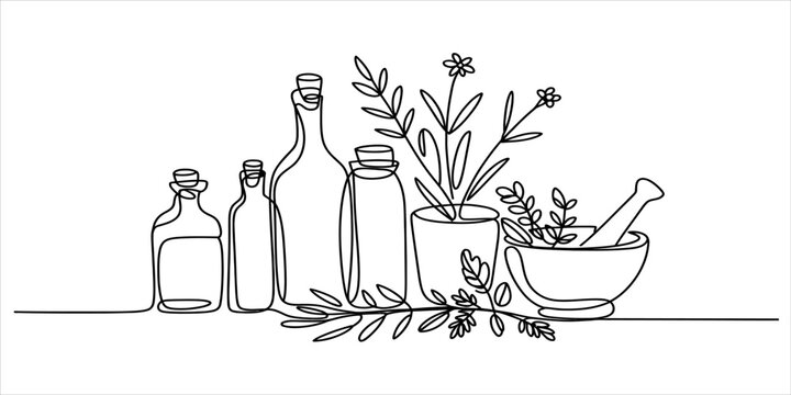 Continuous line drawing of glass medicine bottles and mortar with pestle and herbal plant for alternative natural medicine and wellness therapy concept
