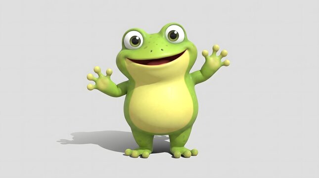 Cute Green Cartoon Frog Character Standing and Waving Happily.