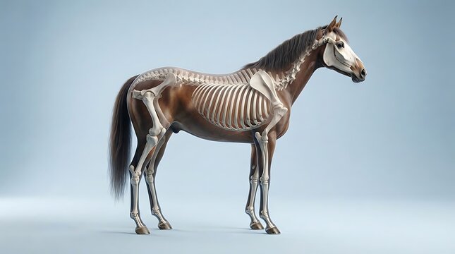 Horse skeletal system 3D illustration showing equine anatomy and bone structure against a light background