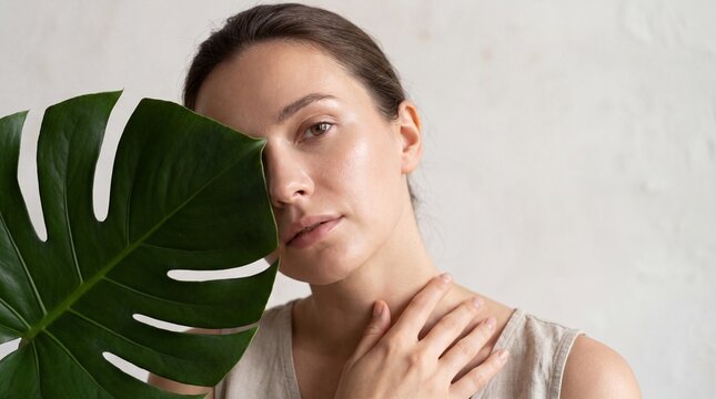 Woman touching collarbone while holding large tropical plant leaf covering face against wall with touches her collarbone