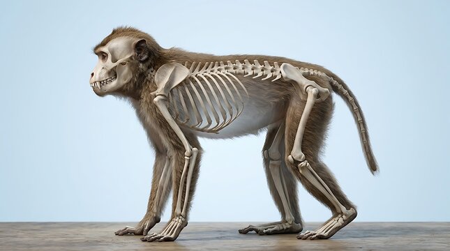 Monkey anatomy 3D render showing skeletal system and fur side view against light blue background