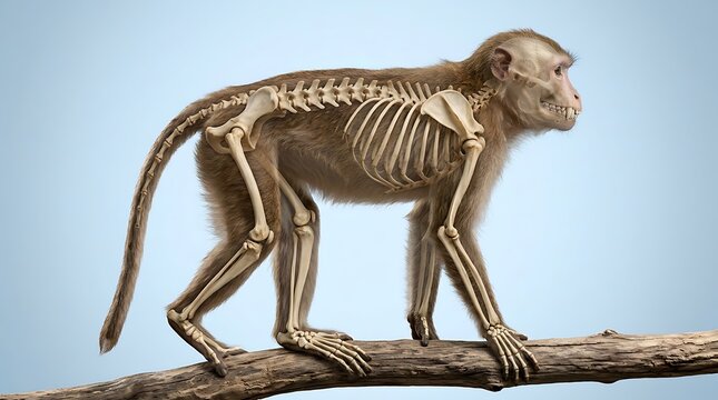 Monkey skeleton 3D illustration showing anatomy and bone structure on a branch against a blue background