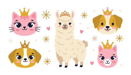 Fototapeta premium Cute Princess Animal Vector Set with Llama Cat and Dog Characters Wearing Golden Tiara Crowns and Sparkles for Childish Graphic Design Elements