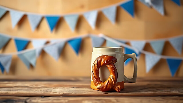 Beer stein and pretzel with bunting, Oktoberfest celebration concept