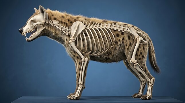 Spotted hyena skeletal anatomy 3D illustration showing bone structure and external fur