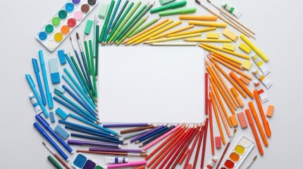Fototapeta premium Art supplies arranged in a colorful spiral around blank paper