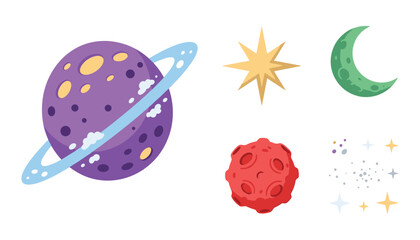 Cute Cartoon Space Planets Vector Element Set featuring Purple Ringed Planet Crescent Moon Meteor Asteroid and Celestial Stars © Moner