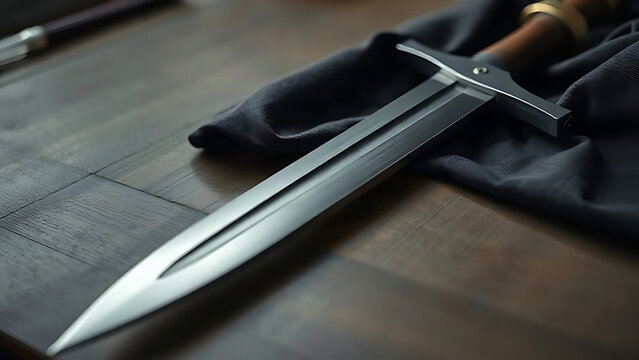 Medieval polearm with polished steel blade on dark cloth, historical weapon and craftsmanship concept